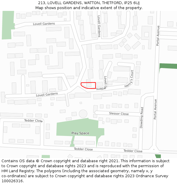 213, LOVELL GARDENS, WATTON, THETFORD, IP25 6UJ: Location map and indicative extent of plot