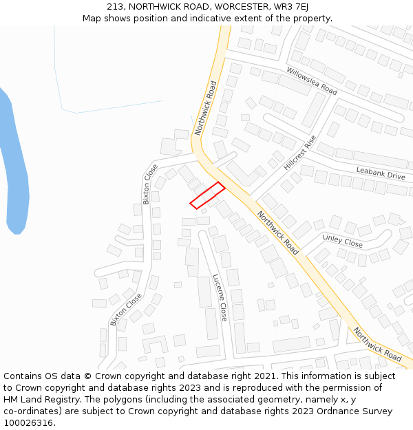 213, NORTHWICK ROAD, WORCESTER, WR3 7EJ: Location map and indicative extent of plot