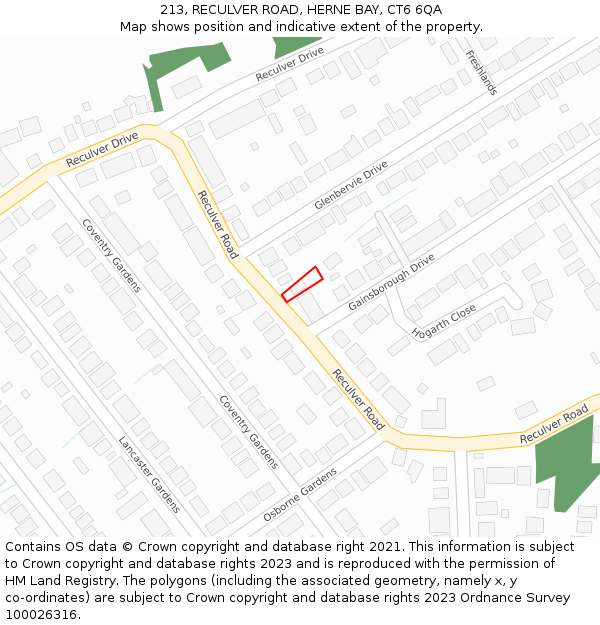 213, RECULVER ROAD, HERNE BAY, CT6 6QA: Location map and indicative extent of plot