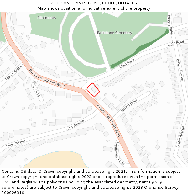 213, SANDBANKS ROAD, POOLE, BH14 8EY: Location map and indicative extent of plot