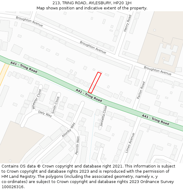 213, TRING ROAD, AYLESBURY, HP20 1JH: Location map and indicative extent of plot