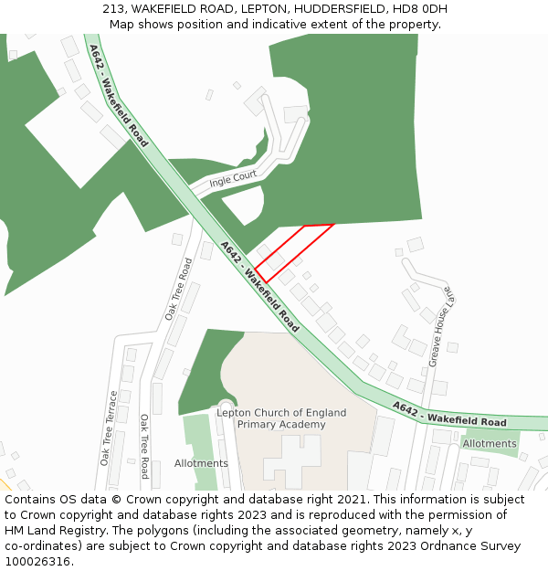 213, WAKEFIELD ROAD, LEPTON, HUDDERSFIELD, HD8 0DH: Location map and indicative extent of plot