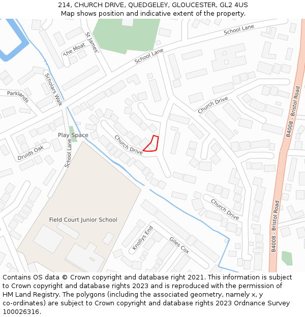 214, CHURCH DRIVE, QUEDGELEY, GLOUCESTER, GL2 4US: Location map and indicative extent of plot