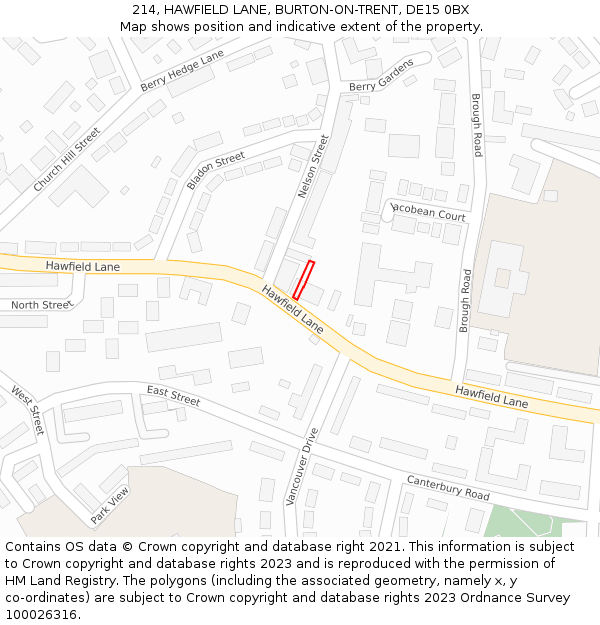 214, HAWFIELD LANE, BURTON-ON-TRENT, DE15 0BX: Location map and indicative extent of plot