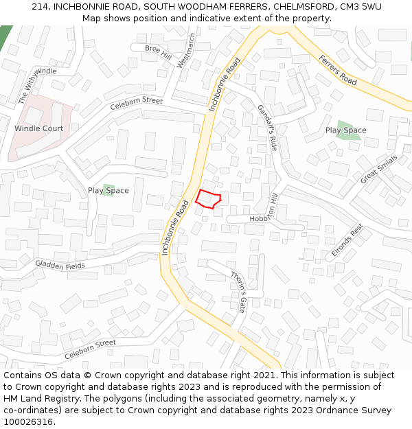 214, INCHBONNIE ROAD, SOUTH WOODHAM FERRERS, CHELMSFORD, CM3 5WU: Location map and indicative extent of plot