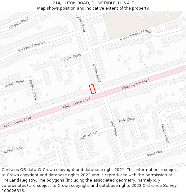 214, LUTON ROAD, DUNSTABLE, LU5 4LE: Location map and indicative extent of plot