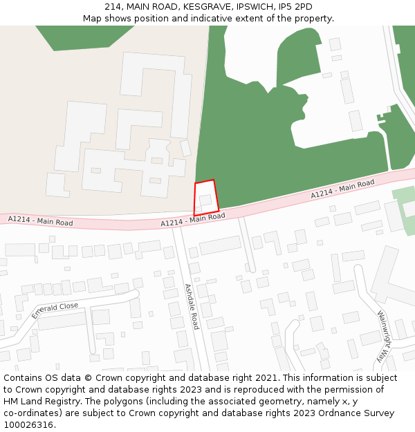 214, MAIN ROAD, KESGRAVE, IPSWICH, IP5 2PD: Location map and indicative extent of plot