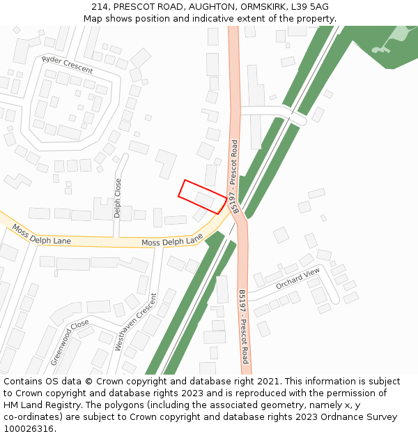 214, PRESCOT ROAD, AUGHTON, ORMSKIRK, L39 5AG: Location map and indicative extent of plot