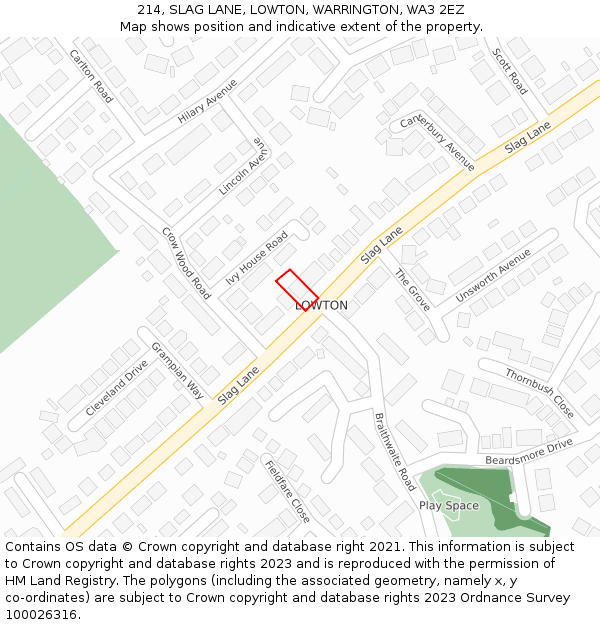 214, SLAG LANE, LOWTON, WARRINGTON, WA3 2EZ: Location map and indicative extent of plot