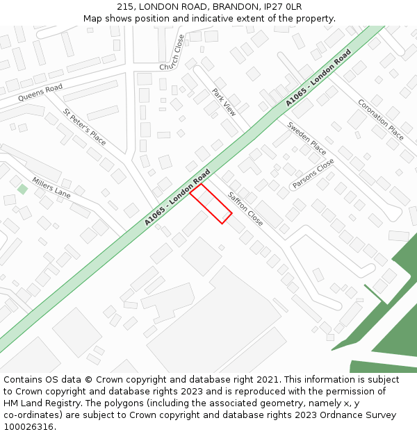 215, LONDON ROAD, BRANDON, IP27 0LR: Location map and indicative extent of plot