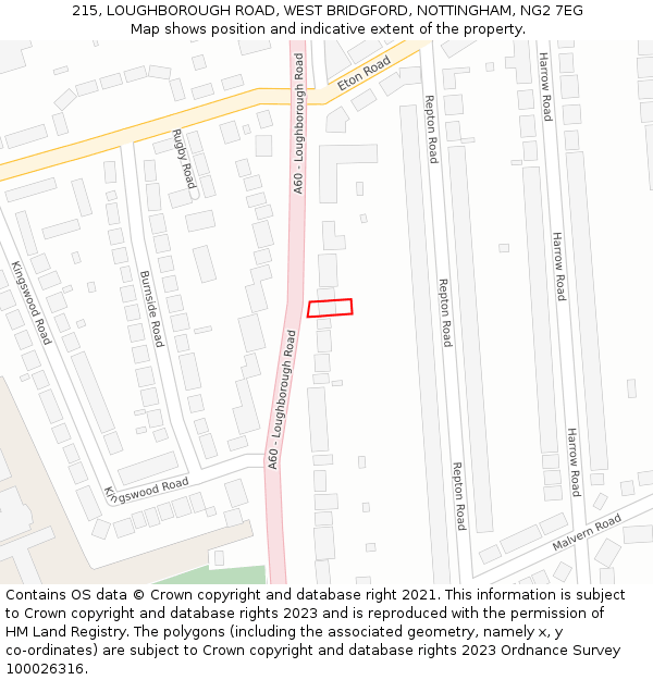 215, LOUGHBOROUGH ROAD, WEST BRIDGFORD, NOTTINGHAM, NG2 7EG: Location map and indicative extent of plot