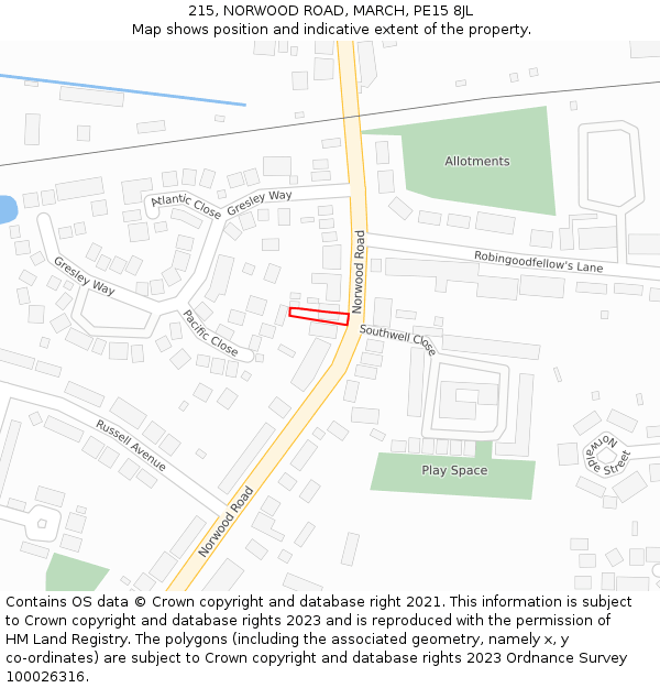 215, NORWOOD ROAD, MARCH, PE15 8JL: Location map and indicative extent of plot