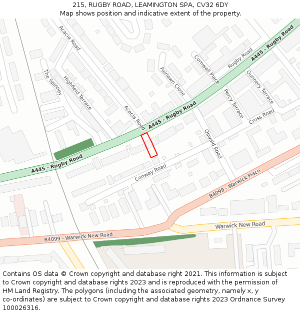 215, RUGBY ROAD, LEAMINGTON SPA, CV32 6DY: Location map and indicative extent of plot