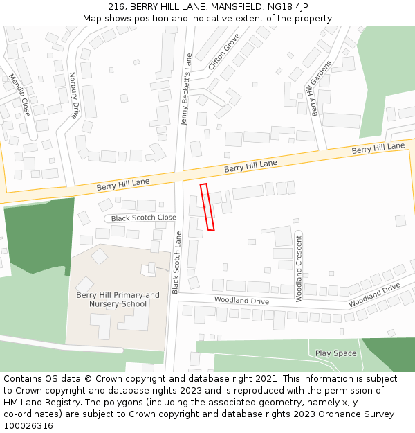 216, BERRY HILL LANE, MANSFIELD, NG18 4JP: Location map and indicative extent of plot