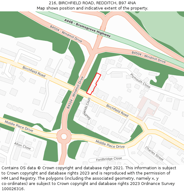 216, BIRCHFIELD ROAD, REDDITCH, B97 4NA: Location map and indicative extent of plot