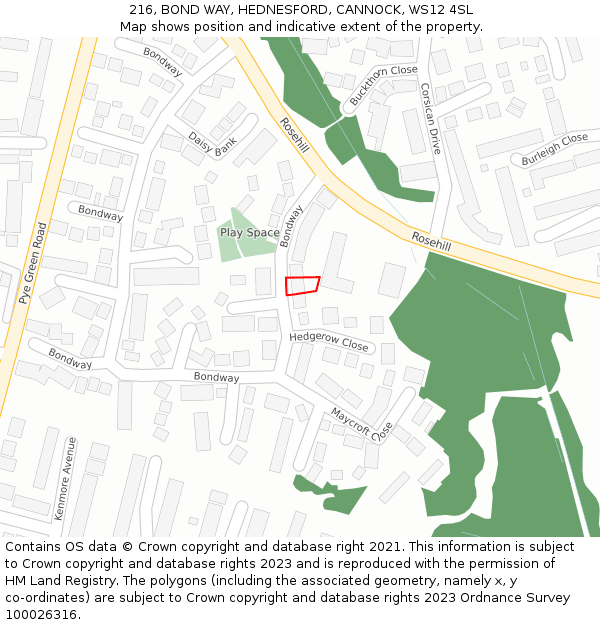 216, BOND WAY, HEDNESFORD, CANNOCK, WS12 4SL: Location map and indicative extent of plot