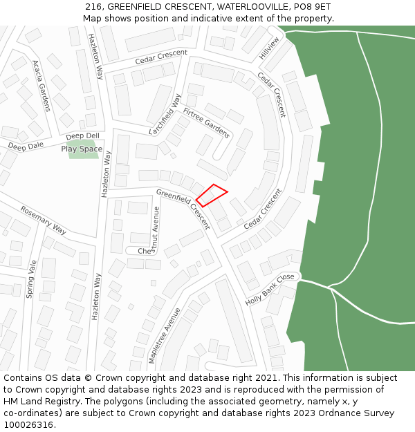 216, GREENFIELD CRESCENT, WATERLOOVILLE, PO8 9ET: Location map and indicative extent of plot