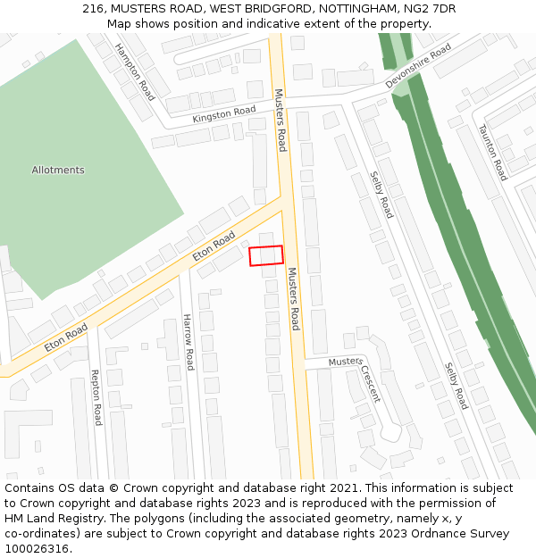 216, MUSTERS ROAD, WEST BRIDGFORD, NOTTINGHAM, NG2 7DR: Location map and indicative extent of plot