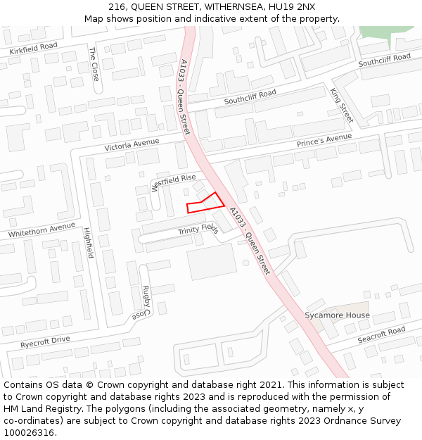 216, QUEEN STREET, WITHERNSEA, HU19 2NX: Location map and indicative extent of plot