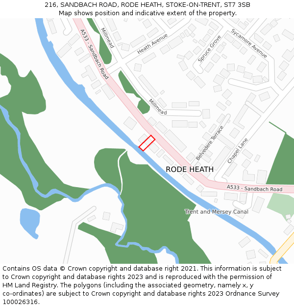 216, SANDBACH ROAD, RODE HEATH, STOKE-ON-TRENT, ST7 3SB: Location map and indicative extent of plot