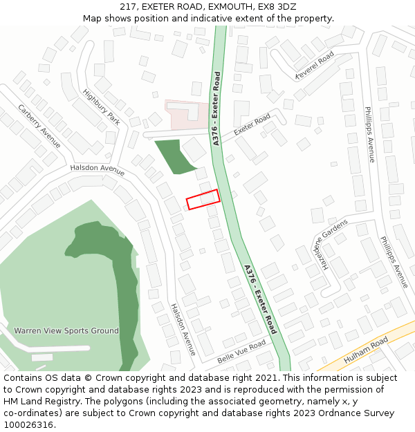 217, EXETER ROAD, EXMOUTH, EX8 3DZ: Location map and indicative extent of plot