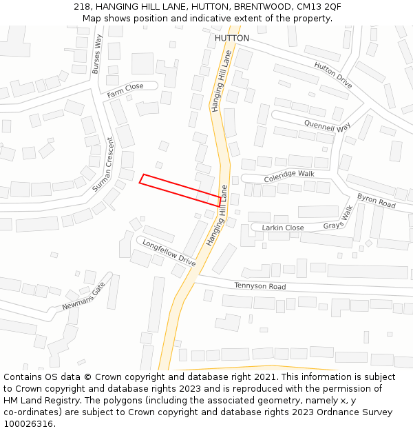 218, HANGING HILL LANE, HUTTON, BRENTWOOD, CM13 2QF: Location map and indicative extent of plot