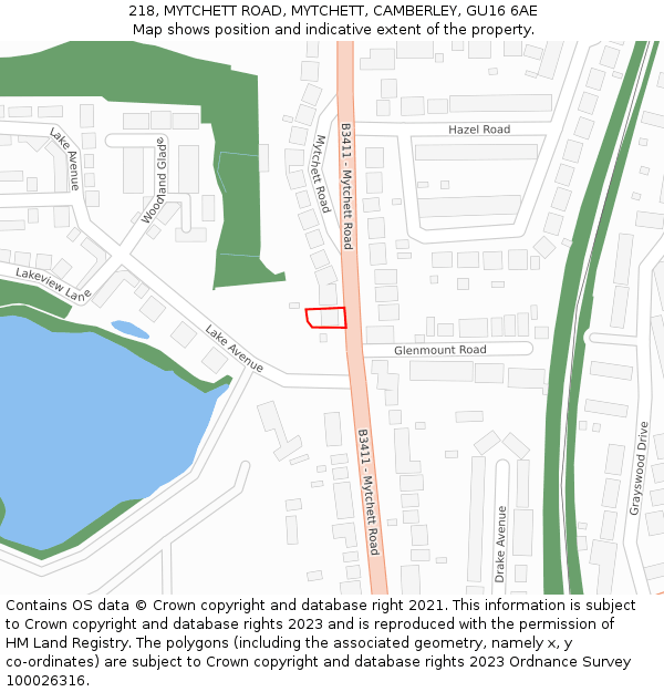 218, MYTCHETT ROAD, MYTCHETT, CAMBERLEY, GU16 6AE: Location map and indicative extent of plot