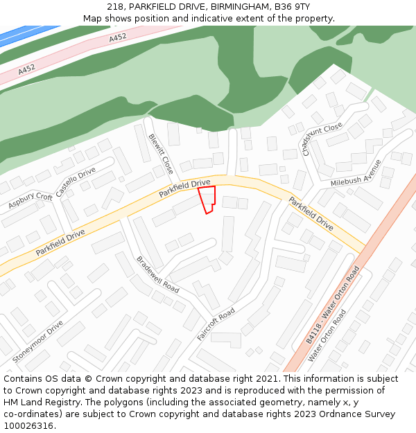 218, PARKFIELD DRIVE, BIRMINGHAM, B36 9TY: Location map and indicative extent of plot