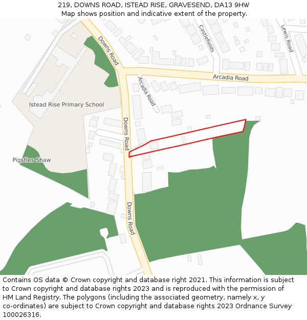 219, DOWNS ROAD, ISTEAD RISE, GRAVESEND, DA13 9HW: Location map and indicative extent of plot