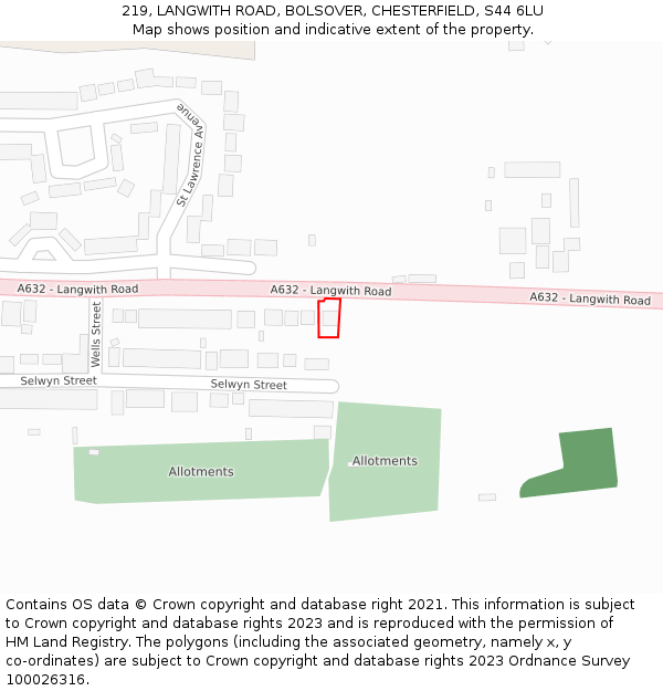 219, LANGWITH ROAD, BOLSOVER, CHESTERFIELD, S44 6LU: Location map and indicative extent of plot