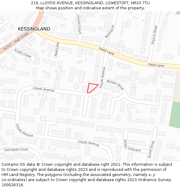 219, LLOYDS AVENUE, KESSINGLAND, LOWESTOFT, NR33 7TU: Location map and indicative extent of plot