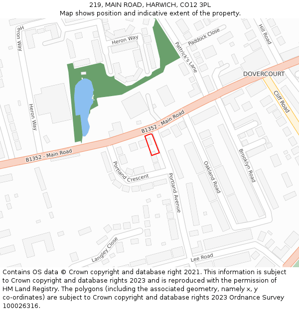 219, MAIN ROAD, HARWICH, CO12 3PL: Location map and indicative extent of plot