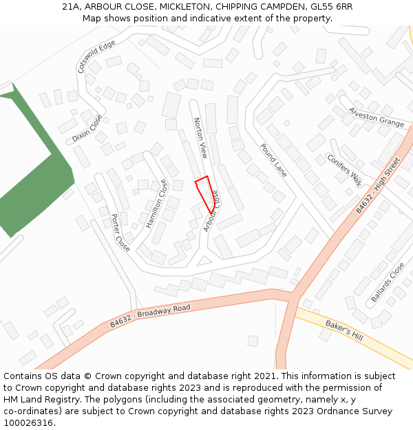 21A, ARBOUR CLOSE, MICKLETON, CHIPPING CAMPDEN, GL55 6RR: Location map and indicative extent of plot