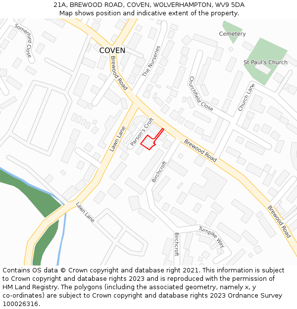 21A, BREWOOD ROAD, COVEN, WOLVERHAMPTON, WV9 5DA: Location map and indicative extent of plot