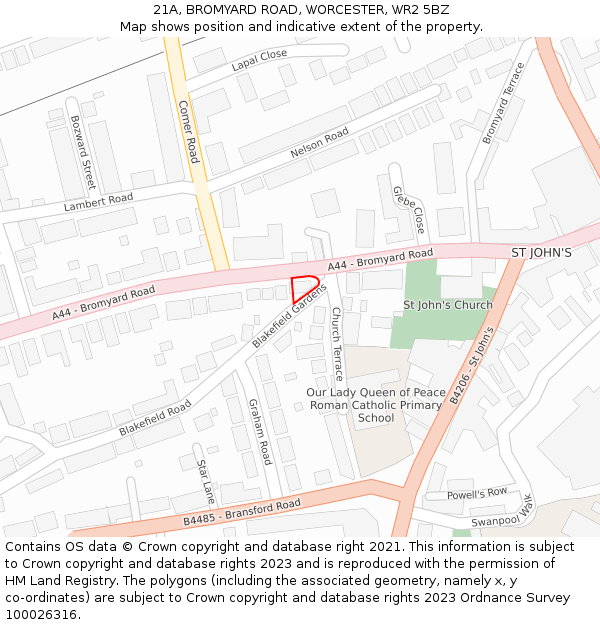 21A, BROMYARD ROAD, WORCESTER, WR2 5BZ: Location map and indicative extent of plot