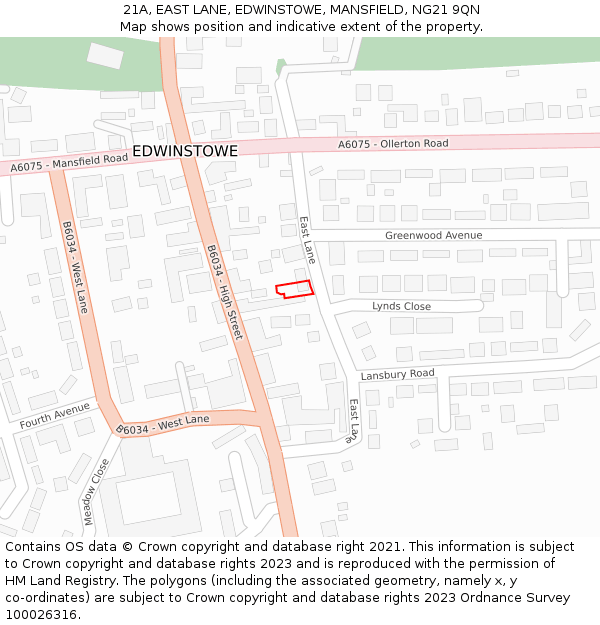 21A, EAST LANE, EDWINSTOWE, MANSFIELD, NG21 9QN: Location map and indicative extent of plot