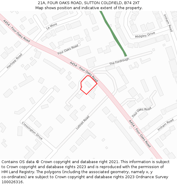 21A, FOUR OAKS ROAD, SUTTON COLDFIELD, B74 2XT: Location map and indicative extent of plot