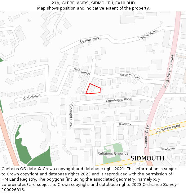 21A, GLEBELANDS, SIDMOUTH, EX10 8UD: Location map and indicative extent of plot