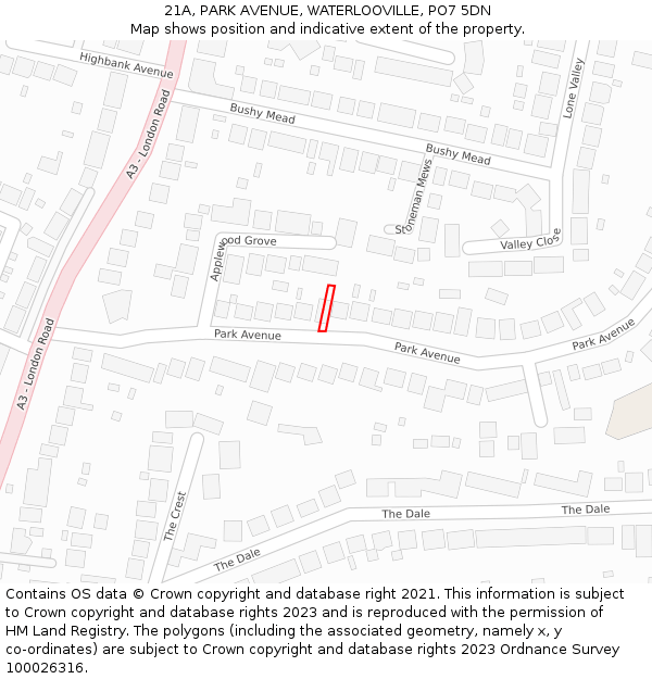 21A, PARK AVENUE, WATERLOOVILLE, PO7 5DN: Location map and indicative extent of plot