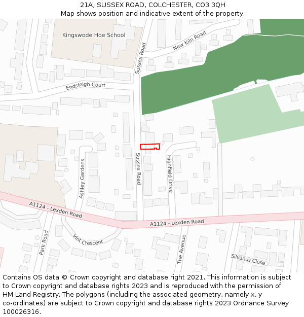 21A, SUSSEX ROAD, COLCHESTER, CO3 3QH: Location map and indicative extent of plot