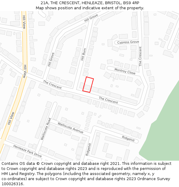 21A, THE CRESCENT, HENLEAZE, BRISTOL, BS9 4RP: Location map and indicative extent of plot