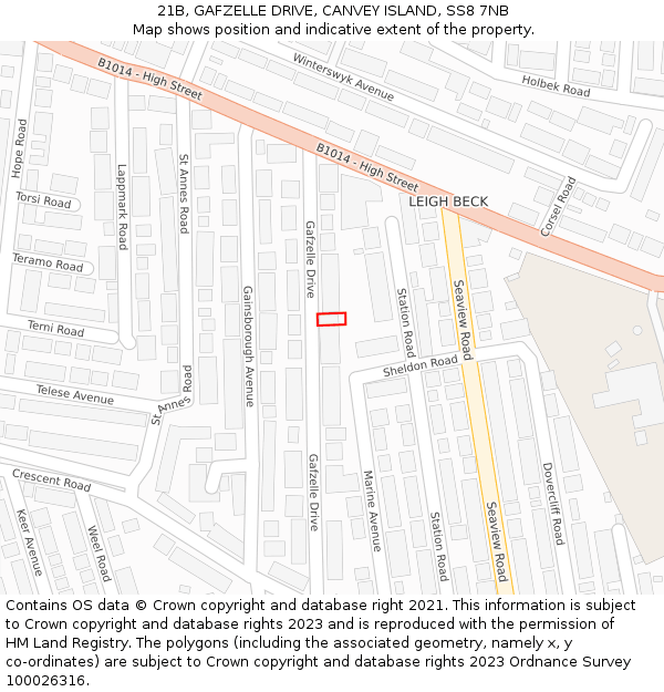 21B, GAFZELLE DRIVE, CANVEY ISLAND, SS8 7NB: Location map and indicative extent of plot