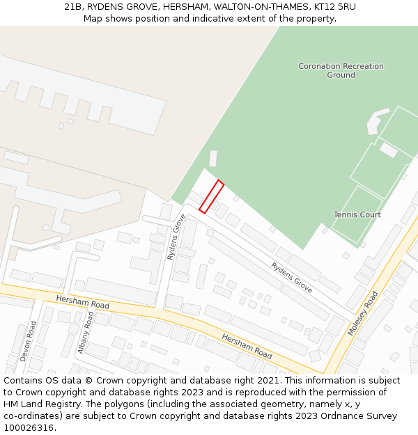 21B, RYDENS GROVE, HERSHAM, WALTON-ON-THAMES, KT12 5RU: Location map and indicative extent of plot