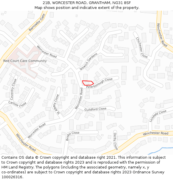 21B, WORCESTER ROAD, GRANTHAM, NG31 8SF: Location map and indicative extent of plot