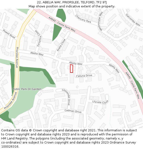 22, ABELIA WAY, PRIORSLEE, TELFORD, TF2 9TJ: Location map and indicative extent of plot