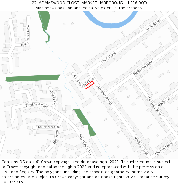 22, ADAMSWOOD CLOSE, MARKET HARBOROUGH, LE16 9QD: Location map and indicative extent of plot