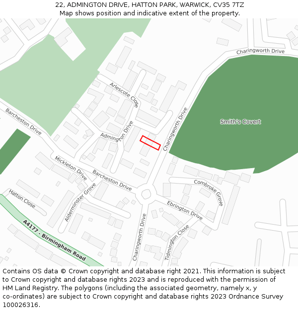 22, ADMINGTON DRIVE, HATTON PARK, WARWICK, CV35 7TZ: Location map and indicative extent of plot