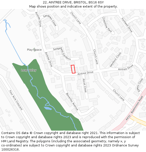 22, AINTREE DRIVE, BRISTOL, BS16 6SY: Location map and indicative extent of plot