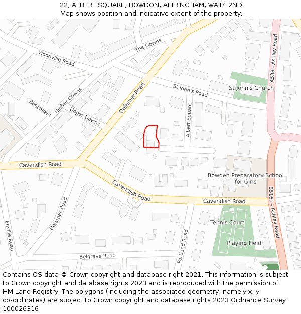 22, ALBERT SQUARE, BOWDON, ALTRINCHAM, WA14 2ND: Location map and indicative extent of plot