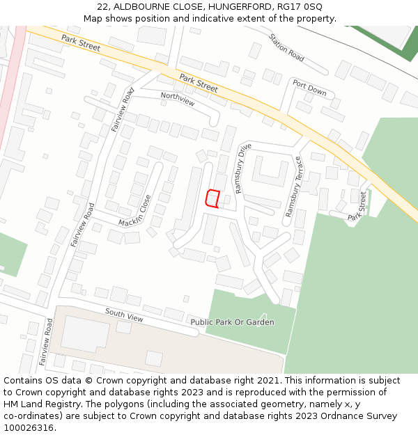 22, ALDBOURNE CLOSE, HUNGERFORD, RG17 0SQ: Location map and indicative extent of plot
